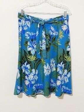 Kahala Hawaiian Blue Floral A-Line Skirt w/ Tie Belt Size 14